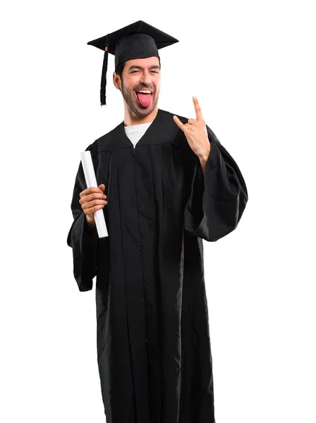 Man Zijn Graduatie Dag Universiteit Tong Tonen Camera Eens Grappig — Stockfoto