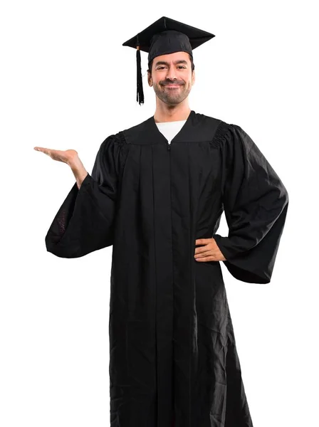 Man Zijn Graduatie Dag Universiteit Copyspace Imaginaire Houden Palm Plaatsen — Stockfoto