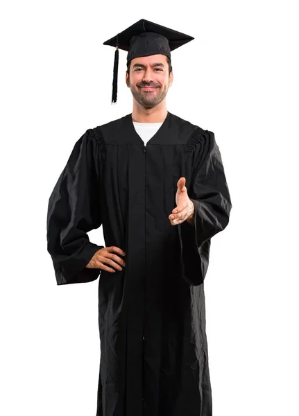 Ember Diplomaszerzés Nap Egyetemi Kezet Egy Üzlet Lezárásának Elszigetelt Fehér — Stock Fotó