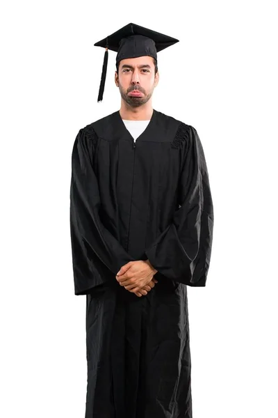 悲しい 落ち込んだ表情で彼の卒業日の大学の男 深刻なジェスチャー — ストック写真