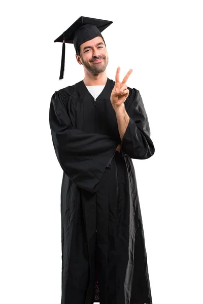 Man Zijn Graduatie Dag Universiteit Gelukkig Tellen Twee Met Vingers — Stockfoto