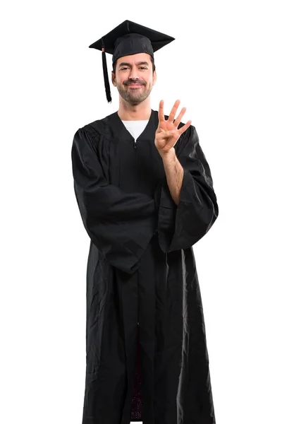Чоловік Свій Випускний День Університет Щасливий Рахуючи Чотири Пальцями — стокове фото
