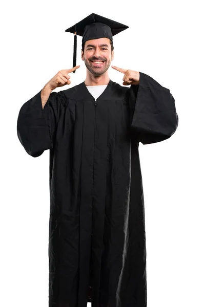 Uomo Nel Suo Giorno Laurea Università Sorridente Con Espressione Felice — Foto Stock