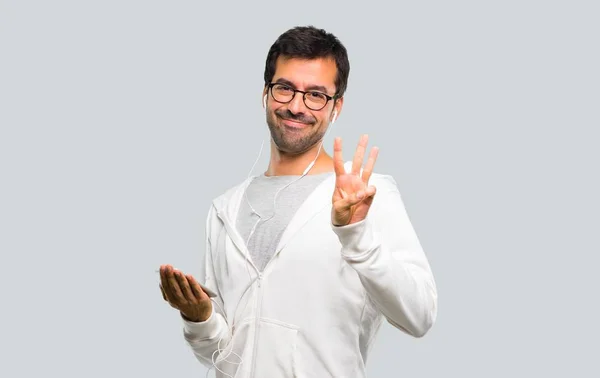 Homme Avec Des Lunettes Écouter Musique Heureux Compter Trois Avec — Photo