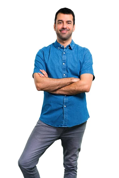 Handsome Man Blue Shirt Keeping Arms Crossed — Stock Photo, Image