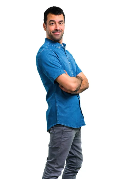 Handsome Man Blue Shirt Keeping Arms Crossed — Stock Photo, Image
