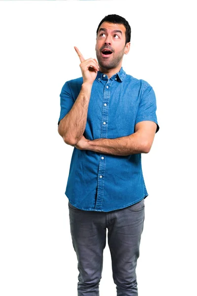 Bello Uomo Con Camicia Blu Piedi Pensando Idea — Foto Stock