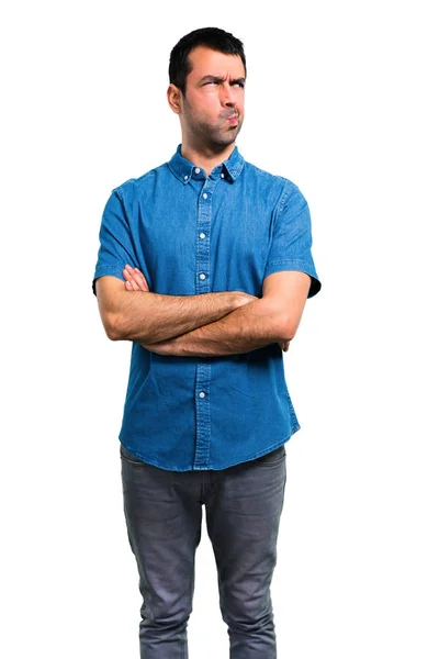 Hombre Guapo Con Camisa Azul Que Tiene Dudas Con Expresión —  Fotos de Stock