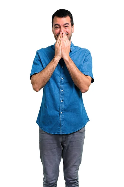 Schöner Mann Mit Blauem Hemd Lacht — Stockfoto