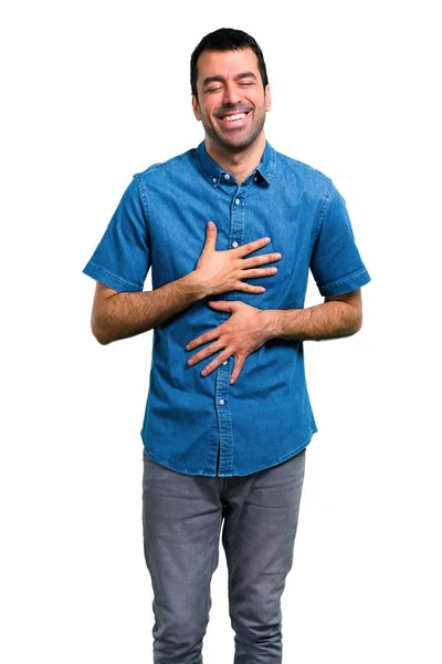 Knappe Man Met Het Blauwe Shirt Lachen — Stockfoto