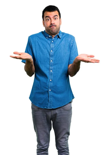 Hombre Guapo Con Camisa Azul Que Tiene Dudas Con Expresión — Foto de Stock