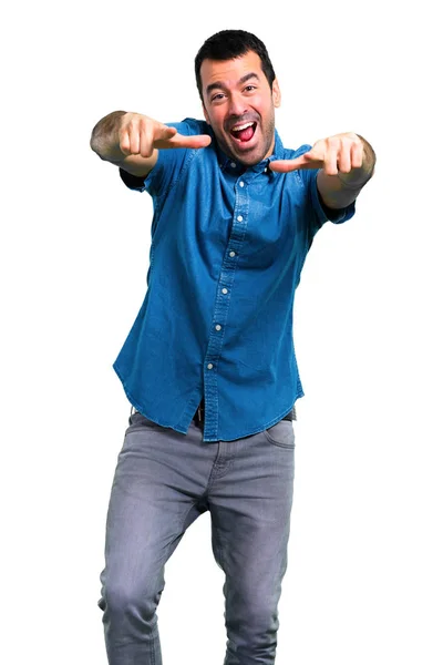 Handsome Man Blue Shirt Pointing Finger Someone Laughing Lot — Stock Photo, Image