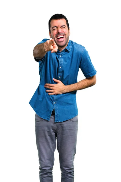 Bell Uomo Con Camicia Blu Che Punta Dito Contro Qualcuno — Foto Stock