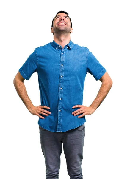 Handsome Man Blue Shirt Stand Looking — Stock Photo, Image