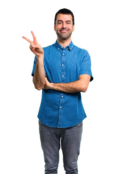 Bell Uomo Con Camicia Blu Che Sorride Mostra Segno Della — Foto Stock