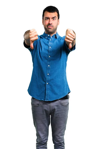 Handsome Man Blue Shirt Showing Thumb Sign Negative Expression — Stock Photo, Image