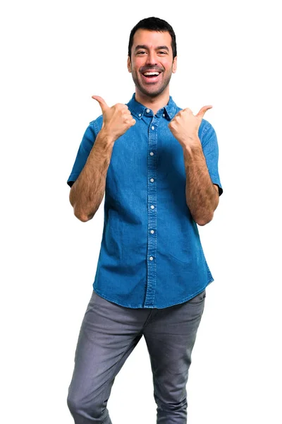 Hombre Guapo Con Camisa Azul Dando Gesto Hacia Arriba Pulgares —  Fotos de Stock