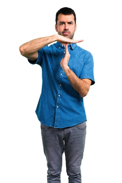 Pohledný Muž Modrou Košili Tvorby Stop Gesto Rukou — Stock fotografie