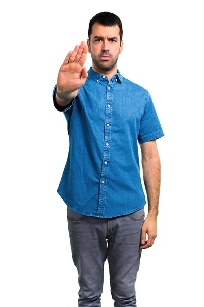 Hombre Guapo Con Camisa Azul Haciendo Gesto Parada Con Mano — Foto de Stock