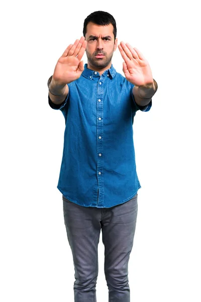 Knappe Man Met Blauwe Shirt Maken Stop Gebaar Met Haar — Stockfoto