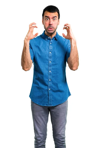 Schöner Mann Mit Blauem Hemd Genervt Und Wütend Wütender Geste — Stockfoto