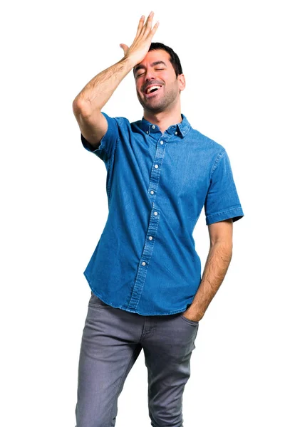 Beau Homme Avec Chemise Bleue Dans Réaliser Solution — Photo