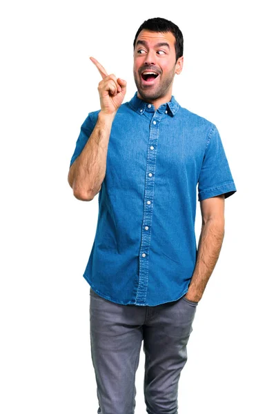 Homem Bonito Com Camisa Azul Que Pretende Realizar Solução — Fotografia de Stock