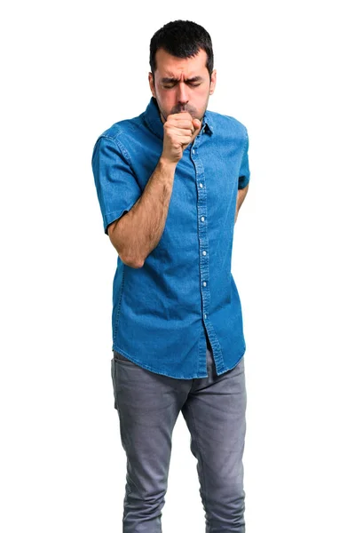 Hombre Guapo Con Camisa Azul Está Sufriendo Tos Sentirse Mal —  Fotos de Stock