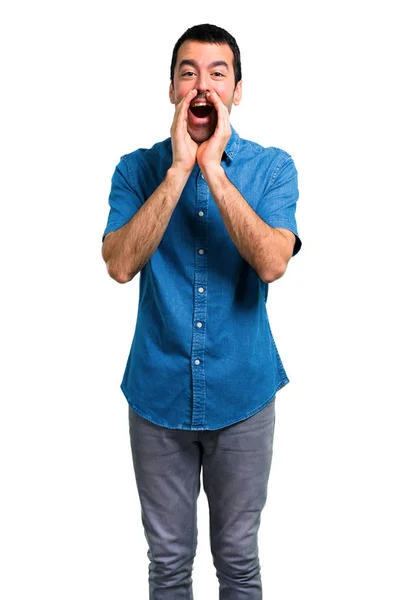 Bonito Homem Com Camisa Azul Gritando Com Boca Bem Aberta — Fotografia de Stock