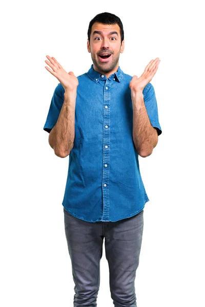 Beau Homme Avec Chemise Bleue Avec Expression Faciale Surprise Choquée — Photo