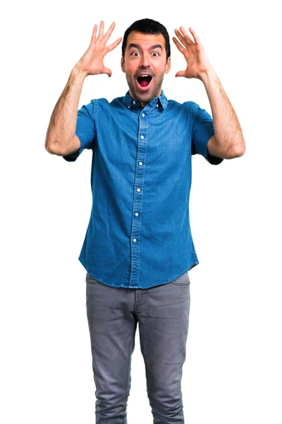 Handsome Man Blue Shirt Surprise Shocked Facial Expression — Stock Photo, Image