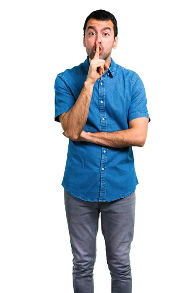 Homem Bonito Com Camisa Azul Mostrando Sinal Boca Fechada Gesto — Fotografia de Stock