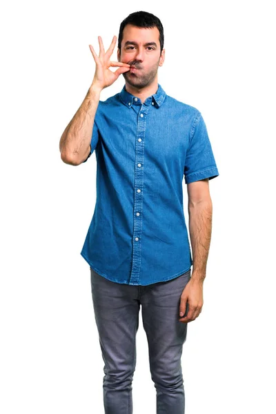 Homem Bonito Com Camisa Azul Mostrando Sinal Boca Fechada Gesto — Fotografia de Stock