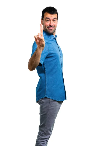 Przystojny Mężczyzna Niebieską Koszulę Liczenia Numer Jeden Znak — Zdjęcie stockowe