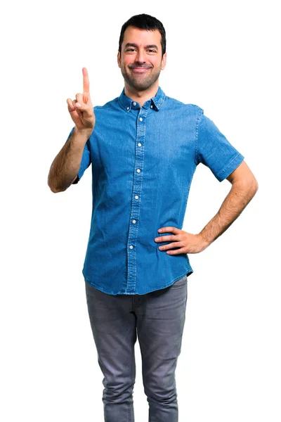 Beau Homme Avec Chemise Bleue Comptant Signe Numéro — Photo