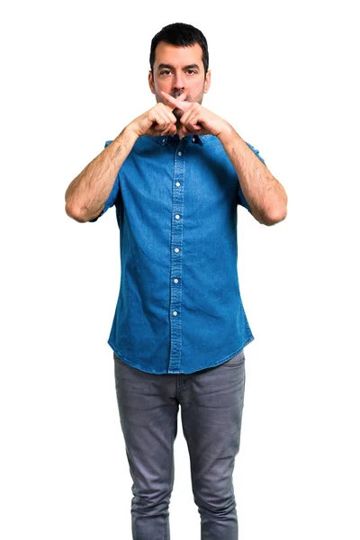 Homem Bonito Com Camisa Azul Mostrando Sinal Boca Fechada Gesto — Fotografia de Stock