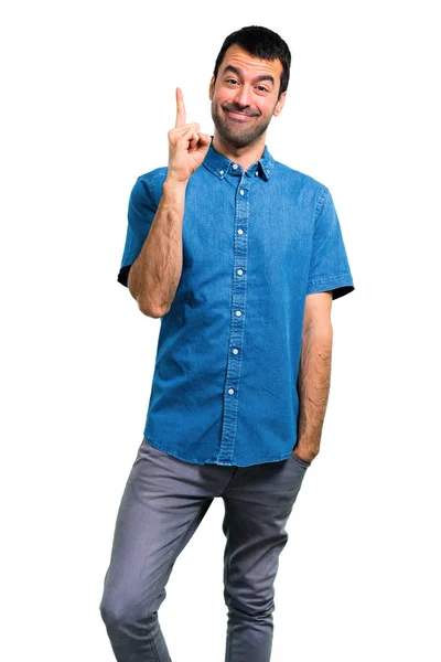 Hombre Guapo Con Camisa Azul Contando Señal Número Uno — Foto de Stock