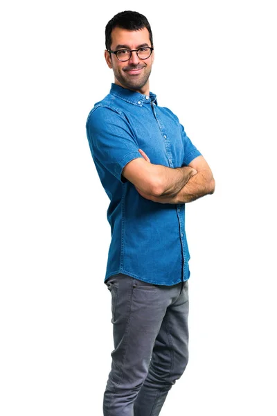 Homem Bonito Com Camisa Azul Óculos — Fotografia de Stock