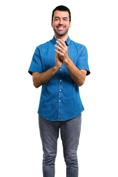 Handsome Man Blue Shirt Applauding — Stock Photo, Image