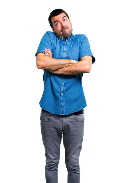 Hombre Guapo Con Camisa Azul Haciendo Gesto Sin Importancia — Foto de Stock