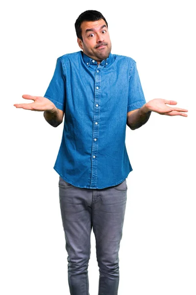 Knappe Man Met Blauwe Shirt Onbelangrijk Gebaar Maken — Stockfoto