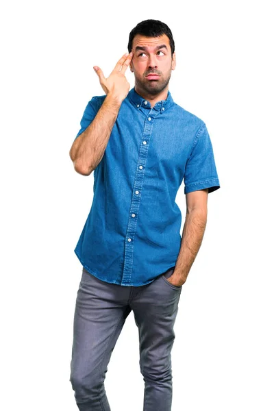 Hombre Guapo Con Camisa Azul Haciendo Gesto Suicida —  Fotos de Stock