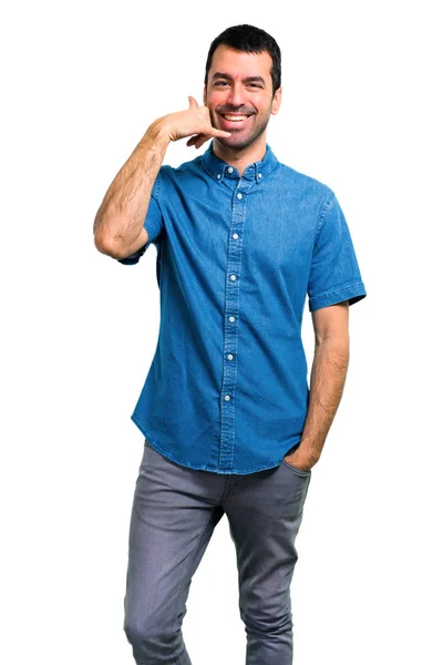 Bonito Homem Com Camisa Azul Fazendo Gesto Telefone — Fotografia de Stock