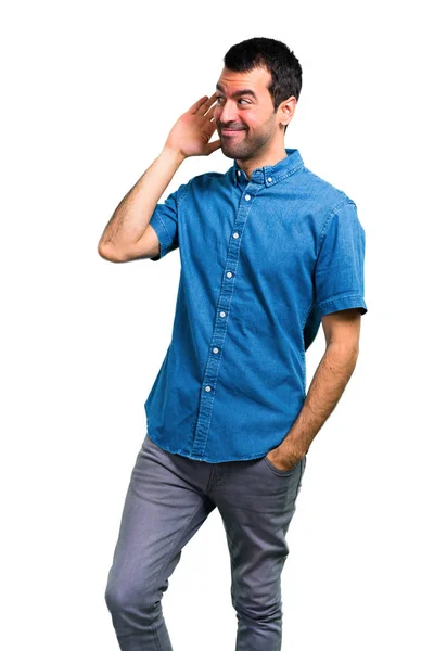 Bonito Homem Com Camisa Azul Ouvindo Algo — Fotografia de Stock