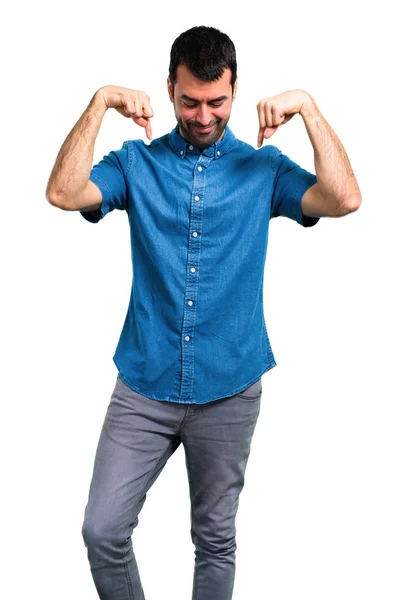 Pohledný Muž Modrou Košili Směřující Dolů — Stock fotografie