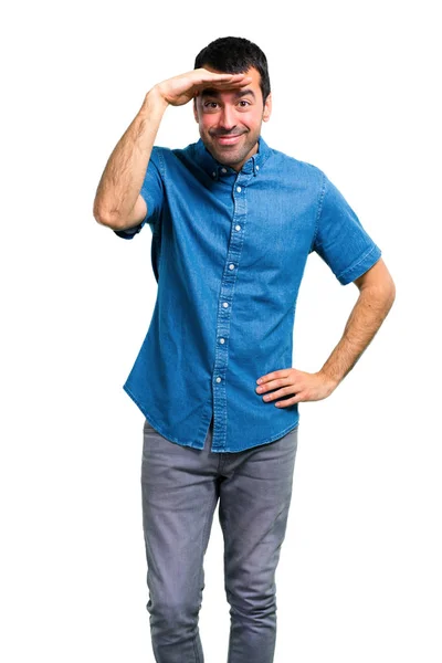 Kék Pólót Mutatja Hogy Valami Jóképű Férfi — Stock Fotó