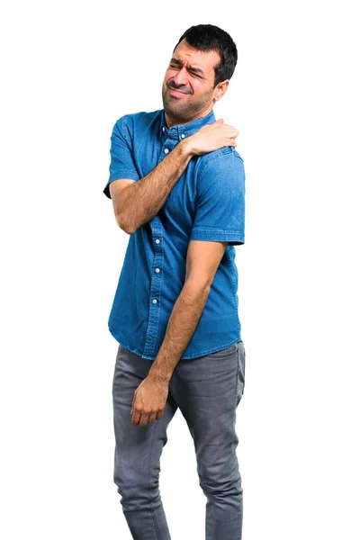 Schöner Mann Mit Blauem Hemd Mit Schulterschmerzen — Stockfoto