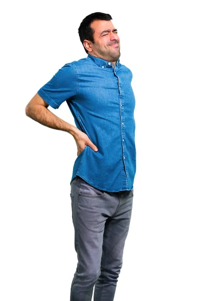 Homem Bonito Com Camisa Azul Com Dor Nas Costas — Fotografia de Stock