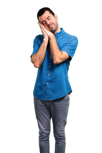 Przystojny Mężczyzna Niebieską Koszulę Sen Gest — Zdjęcie stockowe