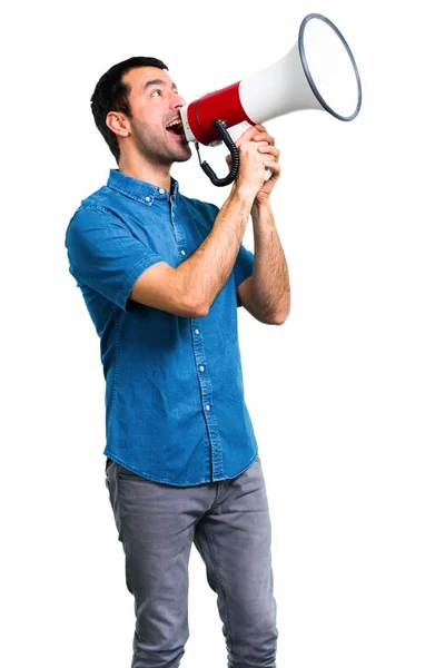 Handsome Man Blue Shirt Holding Megaphone — Stock Photo, Image